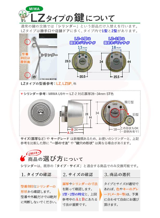 MIWA 美和ロック ミワ 鍵 交換用 取替用 U9シリンダー LZ LZSP LZ1