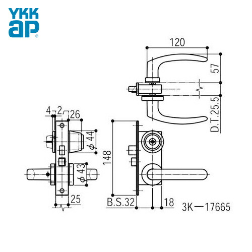 YKKap レバーハンドル錠セット 3K17665 DT25.5mm BS32mm キー3本付【左右兼用】【YKK フラッシュドア 3K-17665】