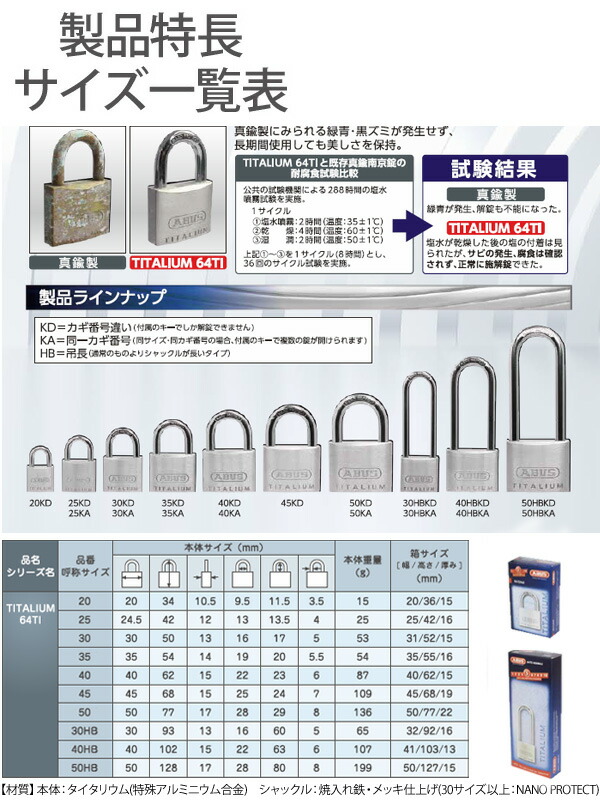 ABUS 南京錠 TITALIUM-64TI 50サイズ キー3本付 軽くて強い独自開発の新素材タイタリウム採用モデル【シャックルNANO  PROTECT】【アバス 64TI/50】