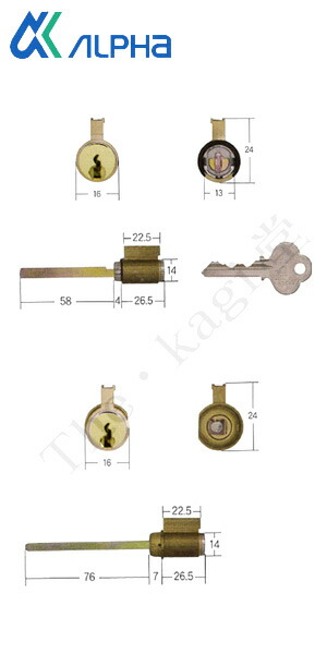 アルファ ピンシリンダー ACY-43 テール長さ58mm/76mm ゴールド色 キー3本付【新日軽 コンポーレ2000】【2個同一キー】